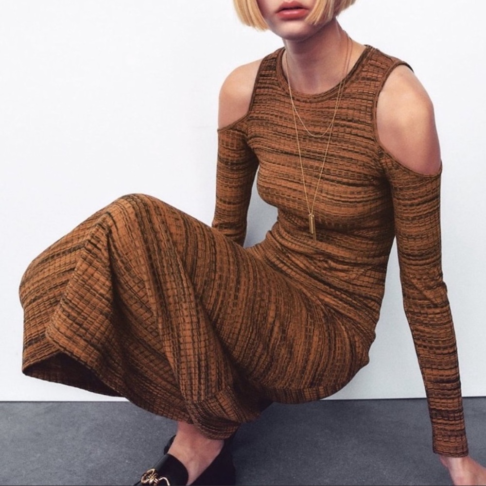 Zara Cut Out Cold Shoulder Ribbed Midi Dress NWT